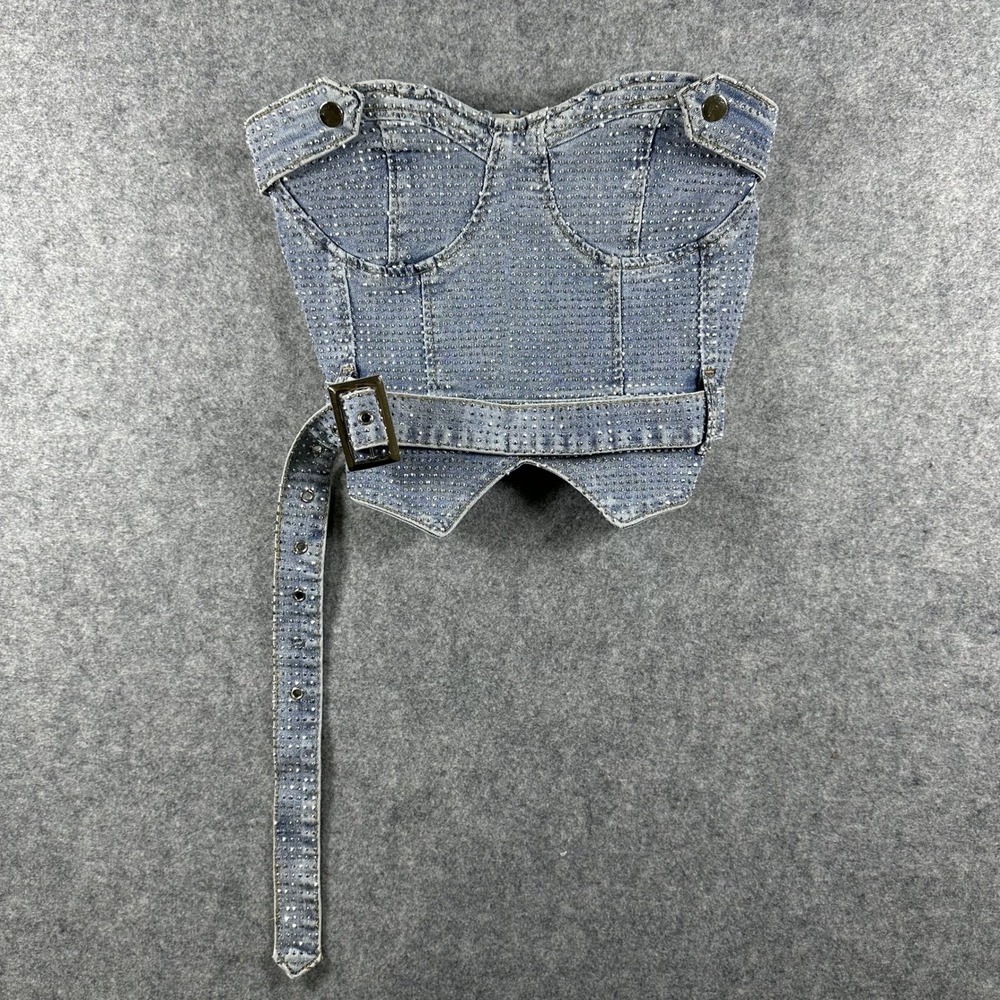 Lizette Collection Rhinestone Denim Corset Top Small Blue Crystal Embellished
